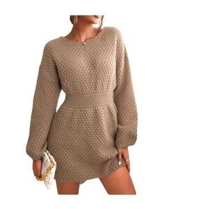 Cupshe tan honeycomb knit long sleeve sweater mini dress size  M